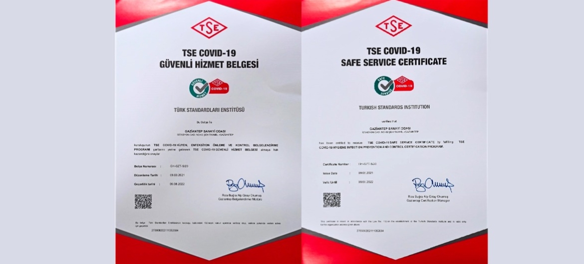 GAZIANTEP CHAMBER OF INDUSTRY RENEWED THE COVID-19 SAFE SERVICE CERTIFICATE
