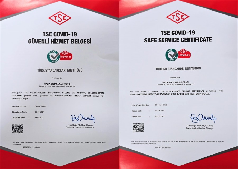 Gazıantep Chamber Of Industry Renewed The Covıd-19 Safe Servıce Certıfıcate
